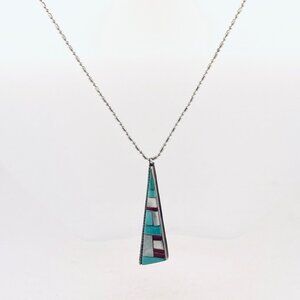 Vintage Sterling Silver 925 Inlay Pendant Necklace Turquoise MOP 20” Estate